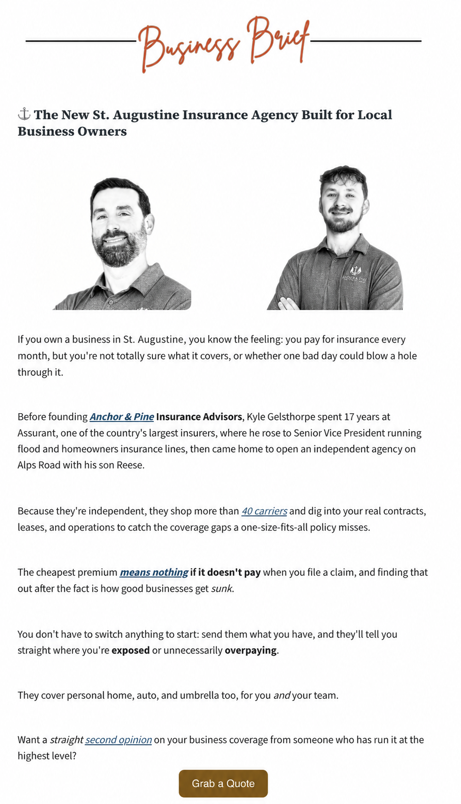 Example St. Augustine Digest sponsored feature for Anchor & Pine Insurance Advisors